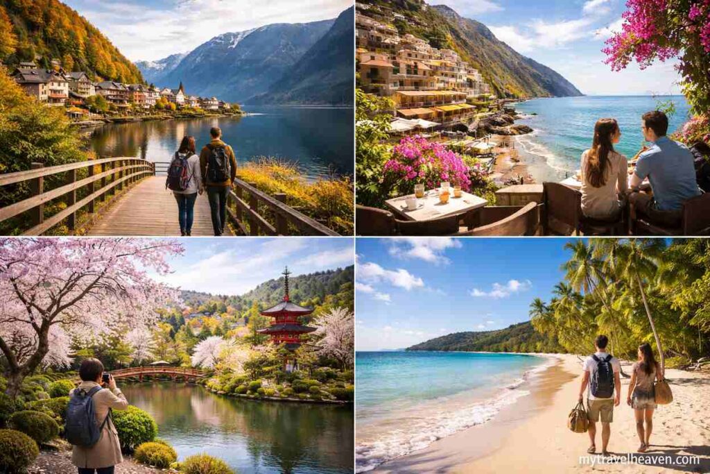 Collage of off-peak travel destinations featuring a peaceful autumn lakeside village, a quiet coastal town in Italy, cherry blossoms in Japan, and a serene tropical beach, with mytravelheaven.com in the corner.