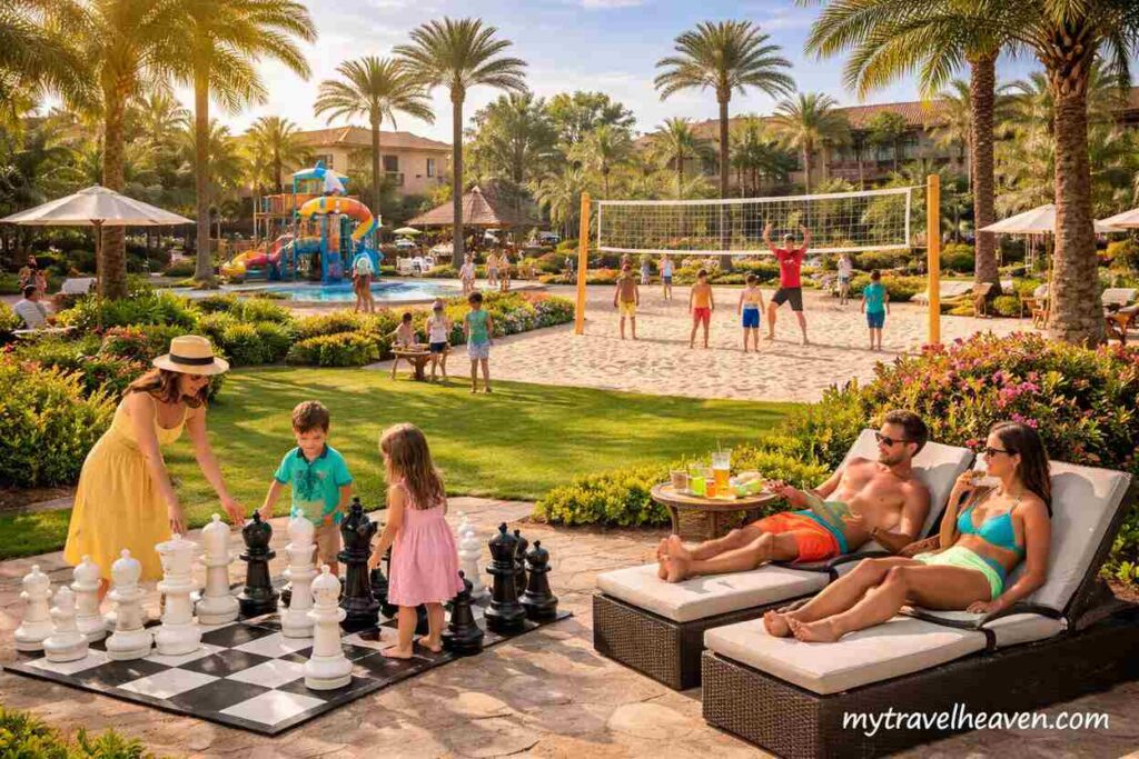 Family resort scene with children playing a giant chess game, adults relaxing on sun loungers, and others enjoying beach volleyball and pool activities.