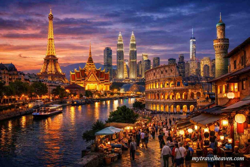 A vibrant global cityscape at sunset featuring iconic landmarks like the Eiffel Tower, Colosseum, modern skyscrapers, and a lively cultural market along a river.