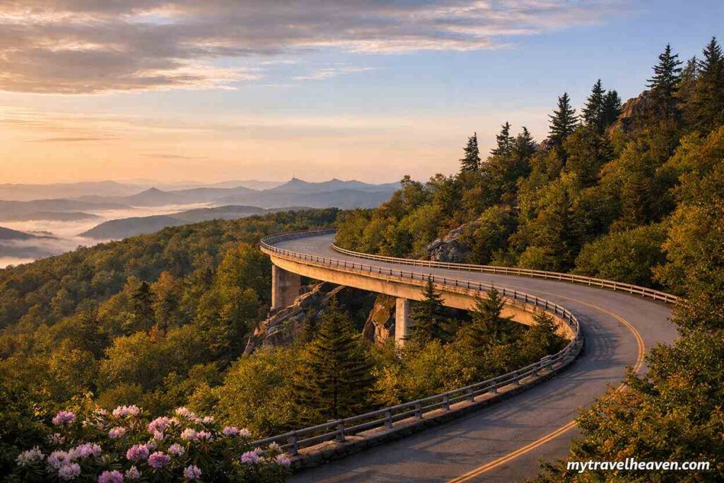 Scenic view of the Blue Ridge Parkway winding through the Appalachian Mountains with a curved bridge, lush green forests, and misty valleys under a warm sunrise sky.