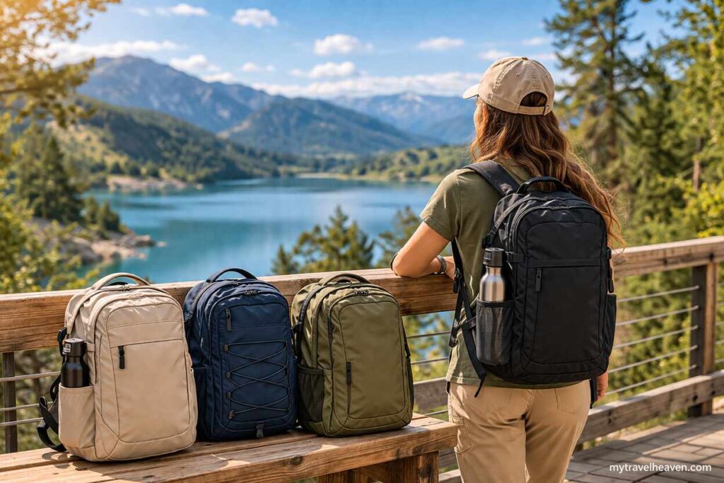Small travel backpack placed on a rocky mountain viewpoint overlooking a scenic lake and mountain landscape with clear blue sky.