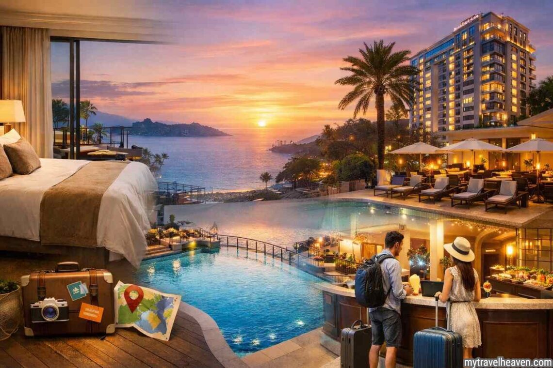 Luxury hotel room, pool, and lobby showcasing travel accommodation options.