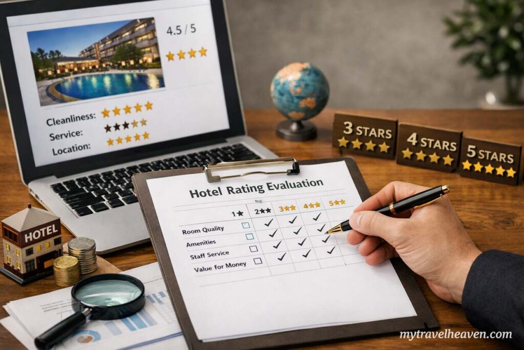 A person evaluating hotel ratings on a clipboard beside a laptop displaying hotel reviews, with star classification blocks and travel-related items on a desk.