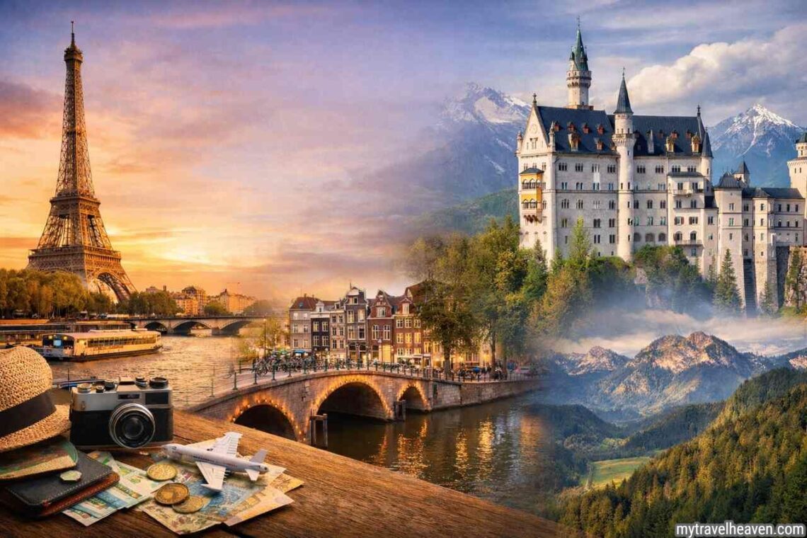 Two-week Europe trip on a budget travel collage with landmarks.