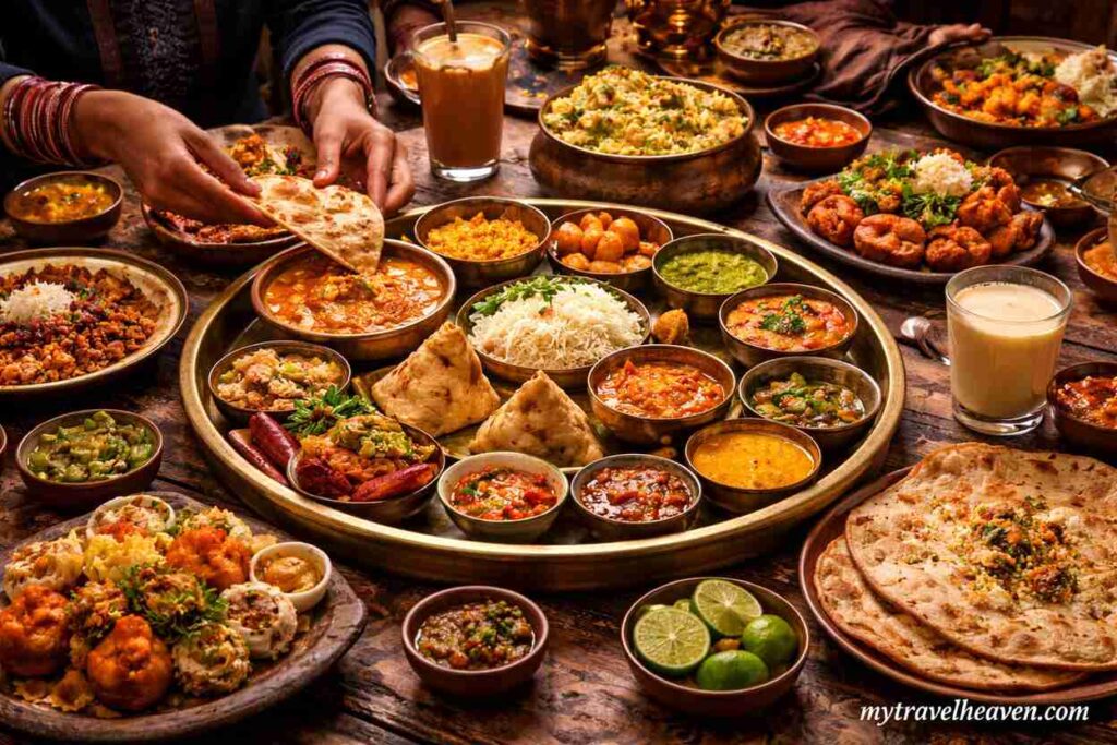 Traditional Indian dining scene with a large thali featuring curry, rice, naan, chutneys, and various dishes, with hands eating food in a cultural setting.