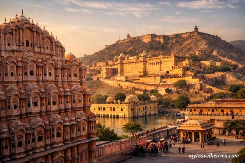 Scenic view of Jaipur’s royal heritage featuring Hawa Mahal, Jal Mahal, and Amber Fort under warm sunset light with traditional architecture and visitors.
