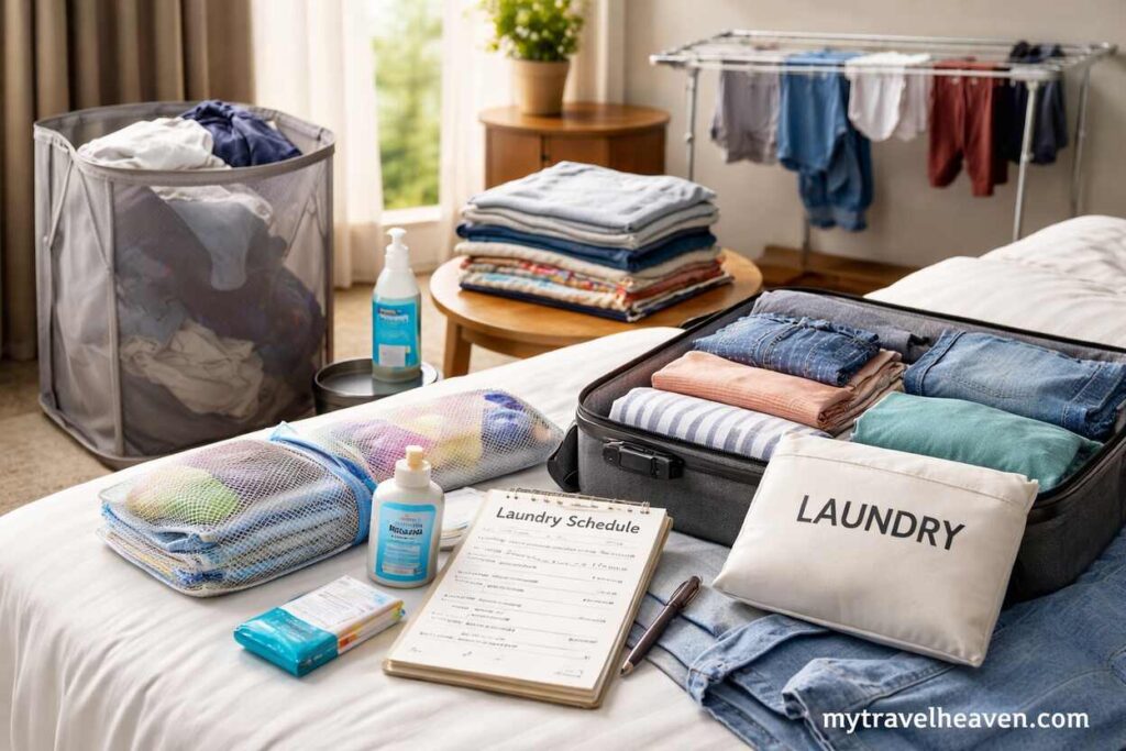 Organized suitcase with folded clothes, laundry supplies, and drying rack in a hotel room for managing laundry during long trips.
