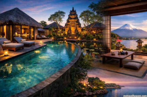 Boutique hotels in Asia featuring Maldives villa, Bali resort, and Japan ryokan.