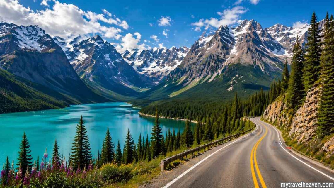 Scenic mountain road beside turquoise lake in Canada.