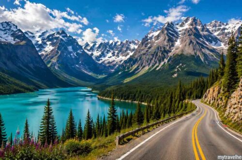 Scenic mountain road beside turquoise lake in Canada.
