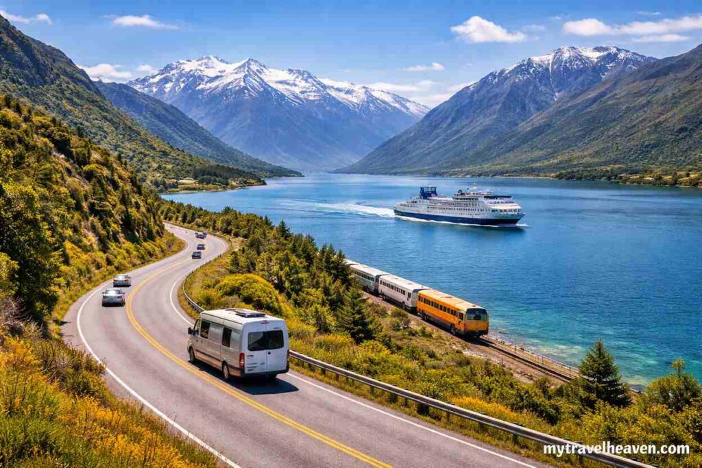 Scenic South Island transportation scene with a winding road, cars and camper van, train along a turquoise lake, and ferry passing between snow-capped mountains, with mytravelheaven.com watermark.