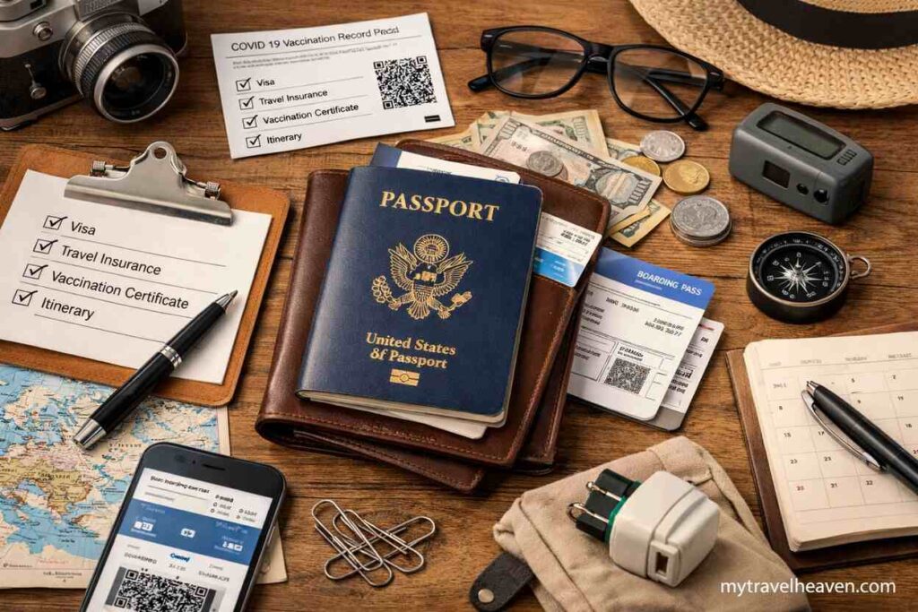 Organized travel documents including passport, boarding pass, checklist, travel insurance papers, currency, and accessories on a wooden table.