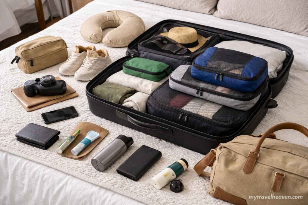 Open suitcase organized with packing cubes and surrounded by travel accessories like a camera, toiletries, water bottle, and shoes on a bed.