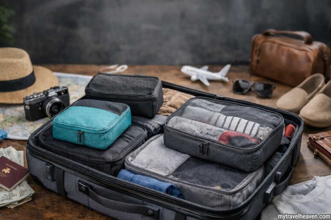 Packing cubes organizing clothes inside a suitcase for efficient travel.