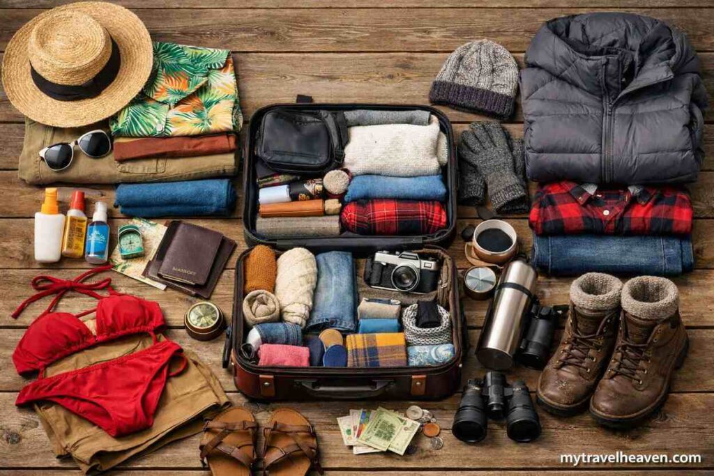 Travel suitcase packed with clothing for different climates, including summer and winter outfits, neatly arranged with accessories on a wooden surface.