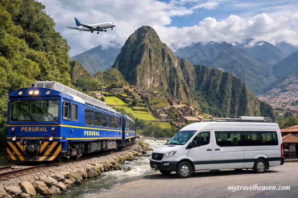 Transportation options to Cusco and Aguas Calientes showing a PeruRail train, tourist van, airplane, and Machu Picchu in the Andes mountains.