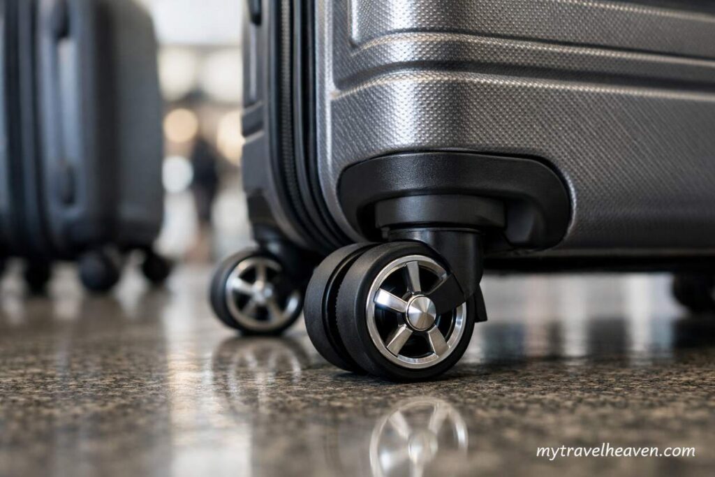 Close-up of a modern hard-shell suitcase with high-quality dual spinner wheels rolling smoothly on a polished airport floor.
