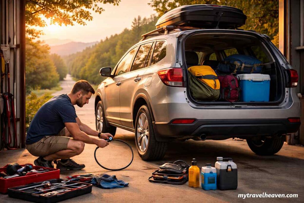 Man preparing a silver SUV for a road trip by checking tire pressure, with luggage packed in the trunk and travel gear arranged nearby during sunset.