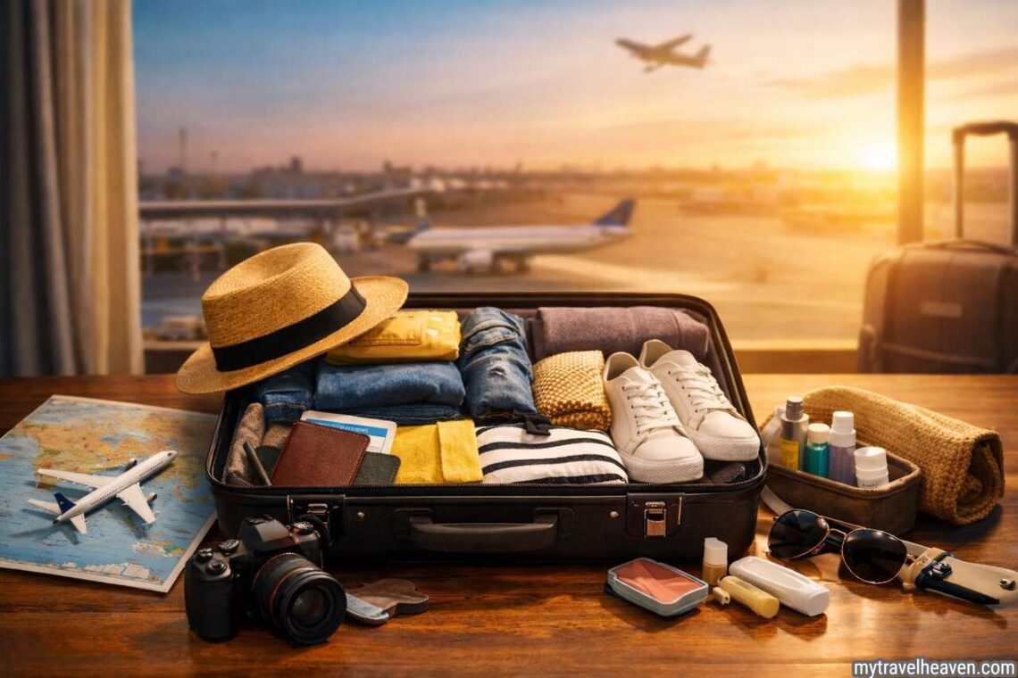 Organized suitcase with travel essentials at airport window.