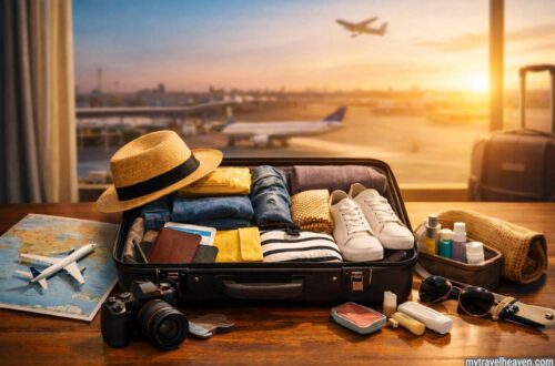 Organized suitcase with travel essentials at airport window.