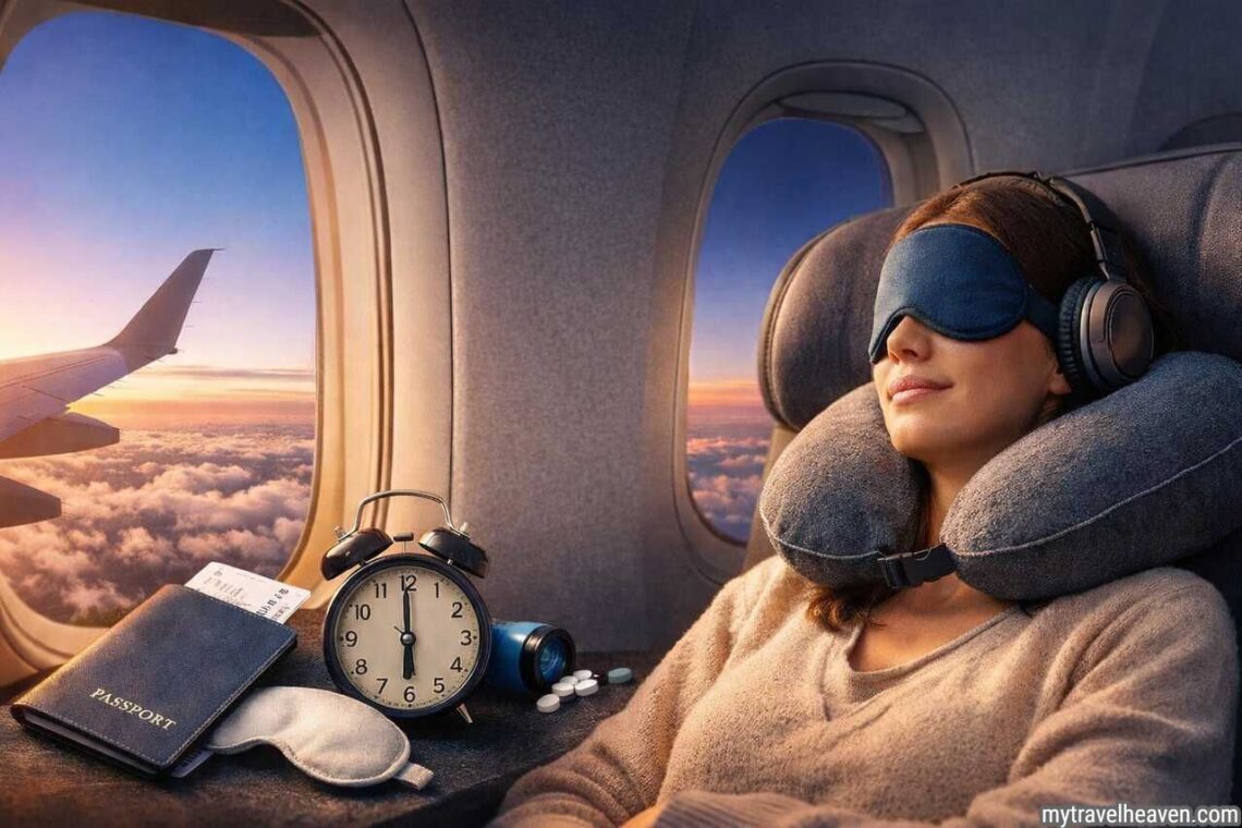 Traveler sleeping on airplane with neck pillow and eye mask to avoid jet lag.