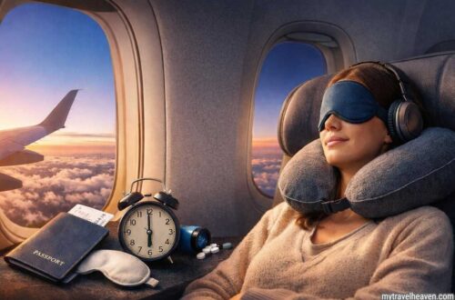 Traveler sleeping on airplane with neck pillow and eye mask to avoid jet lag.