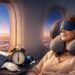 Traveler sleeping on airplane with neck pillow and eye mask to avoid jet lag.