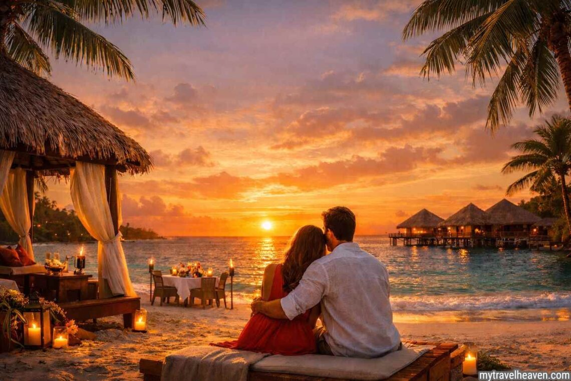Couple enjoying sunset at a romantic Caribbean beach resort.