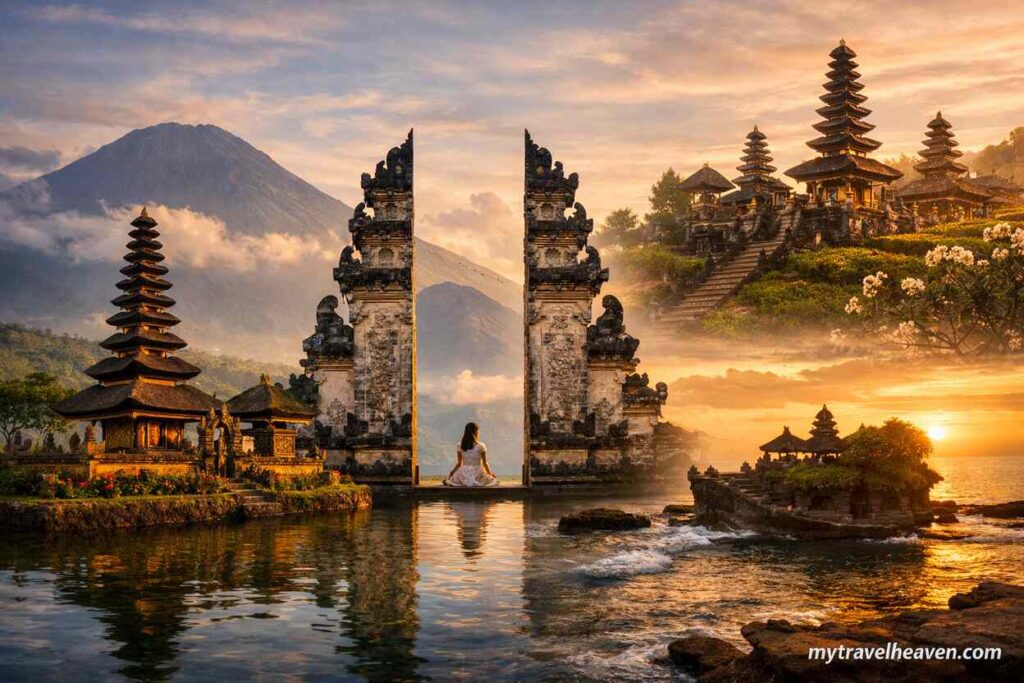 Scenic landscape of sacred island temples at sunset featuring traditional pagoda-style structures, mountain backdrop, coastal shrine, and reflective water with warm golden lighting.