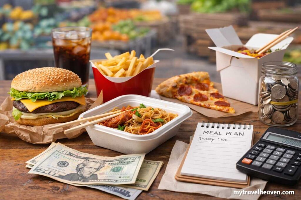 Budget dining concept with fast food, noodles, meal plan notebook, cash, coins jar, and calculator on a wooden table.