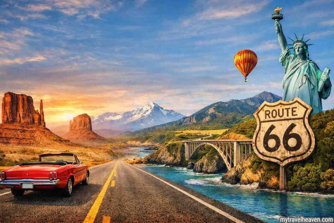 Best road trips in the USA scenic highway with landmarks and sunset.