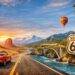 Best road trips in the USA scenic highway with landmarks and sunset.