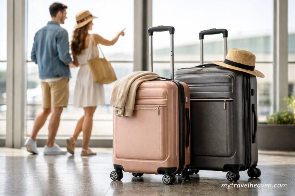 Two stylish suitcases with spinner wheels placed in an airport terminal, with a couple in the background preparing for travel.