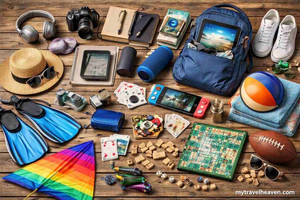 Travel entertainment items including headphones, camera, books, tablet, playing cards, beach ball, and games arranged around a packed backpack.