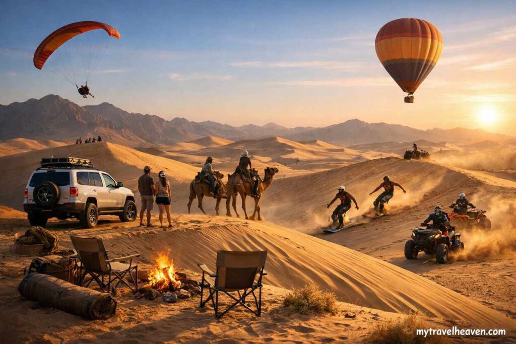 Adventure travelers enjoying desert activities including camel riding, dune bashing, sandboarding, ATV riding, and hot air ballooning at sunset in a vast sandy landscape.