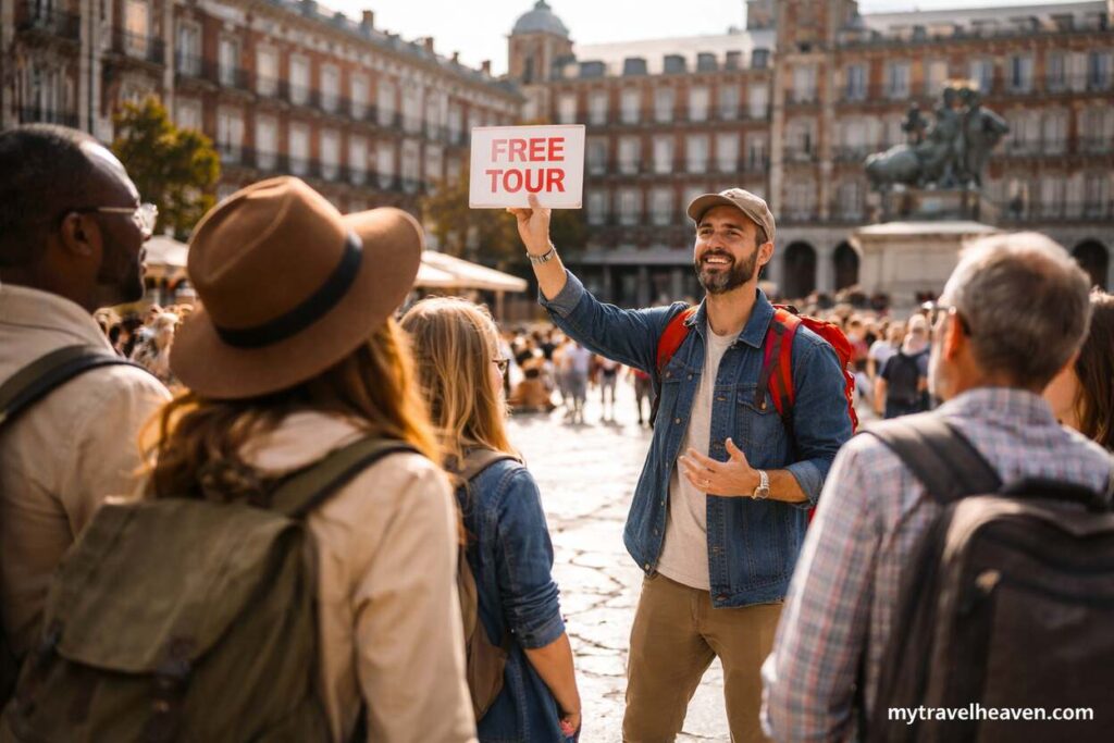 A group of tourists listening to a guide holding a sign during a free walking tour in a lively city square.