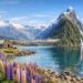 New Zealand South Island scenic landscape with lake, mountains, and flowers.