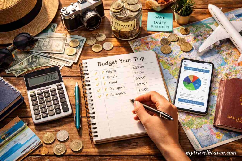 A travel budgeting setup with a notebook listing trip expenses, calculator, cash, coins, passport, smartphone with budget app, and travel items arranged on a wooden table.