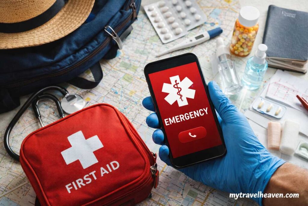 A hand wearing a medical glove holds a smartphone displaying an emergency alert, surrounded by a first aid kit, medicines, sanitizer, and travel essentials on a map.