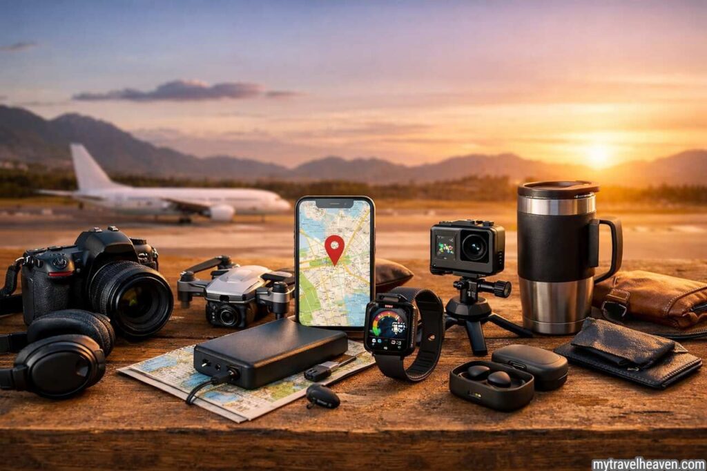 Must-Have Travel Gadgets in 2026: Essential Tools Every Traveler Needs Top travel gadgets including backpack, headphones, and smartphone.