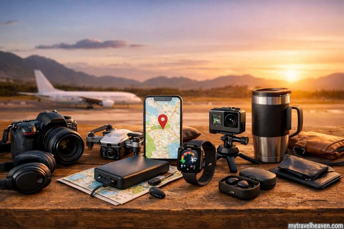 Top travel gadgets including backpack, headphones, and smartphone.