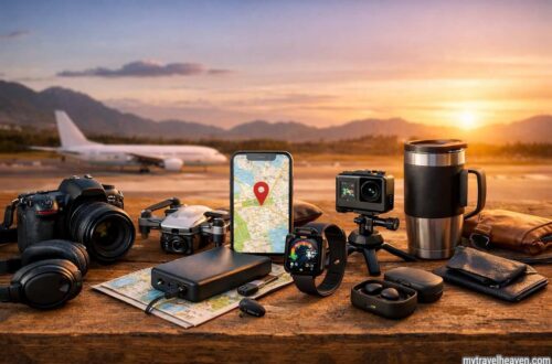 Top travel gadgets including backpack, headphones, and smartphone.