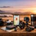 Top travel gadgets including backpack, headphones, and smartphone.