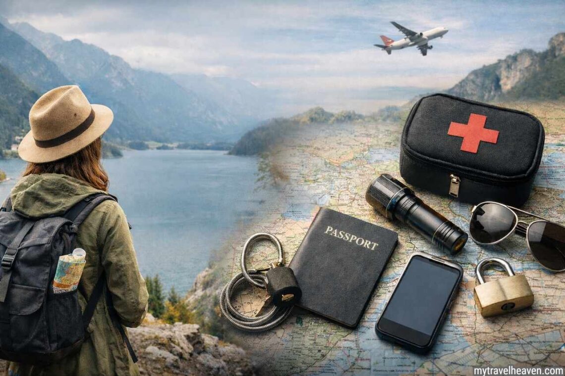 Solo traveler safety essentials with scenic mountain view.