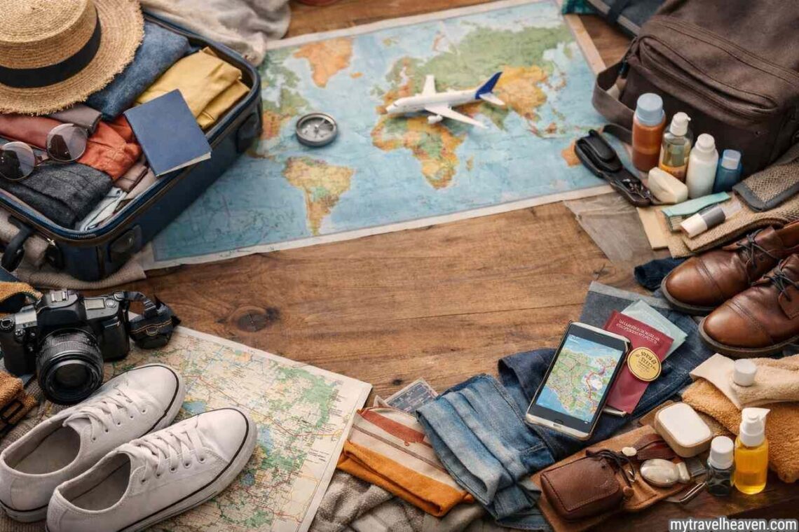 Ultimate travel packing list essentials with suitcase and accessories.