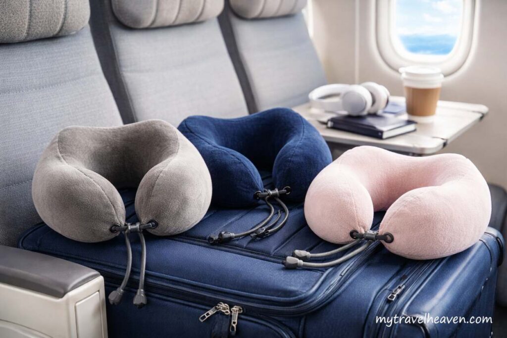 Three memory foam travel neck pillows placed on a suitcase inside an airplane cabin, with headphones, a coffee cup, and a window view, and “mytravelheaven.com” visible in the corner.