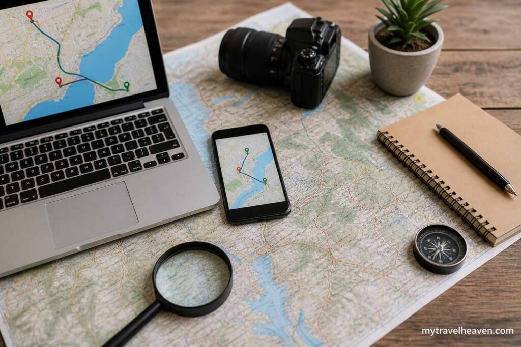 Travel planning setup with laptop, smartphone map, camera, compass, and notebook arranged on a paper map for route navigation.