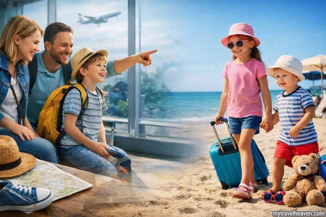 Family traveling with kids stress-free at airport and beach.