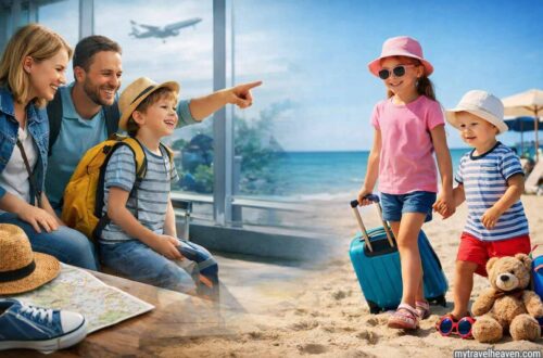 Family traveling with kids stress-free at airport and beach.
