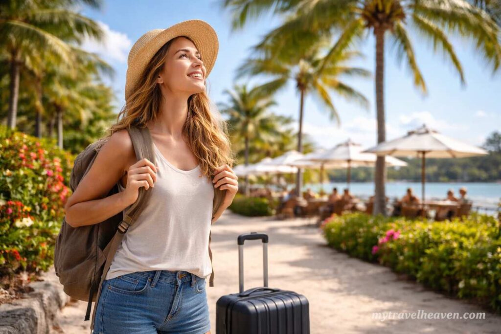 Female traveler with backpack and suitcase enjoying sunlight outdoors at a tropical destination with palm trees and café seating.